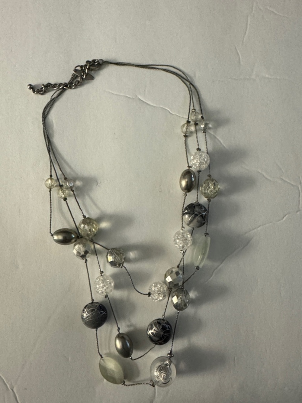 Multi-Strand Silver and Clear Beaded Necklace - Brand Unspecified